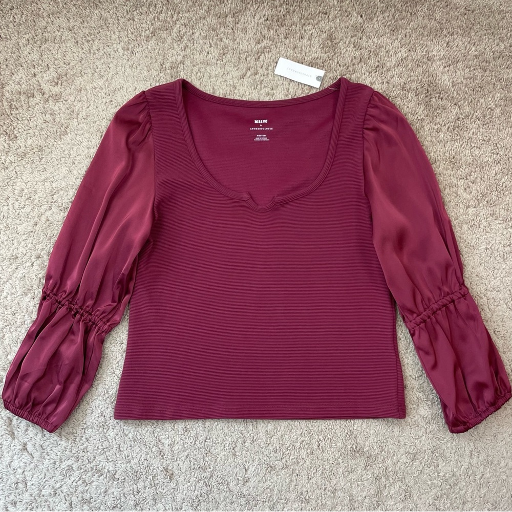 Maeve by Anthropologie Ribbed Tiered Long Sleeve Top in Burgundy Size Medium NEW - Picture 14 of 16